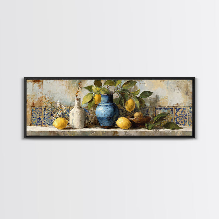 Lemon Branch in Blue Ceramic Vase Framed Canvas Print, Italian Villa Art, Living Room Decor, Watercolor Art, Villa, IVA-3x1-18