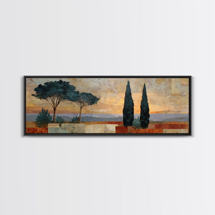 Cypress Silhouette at Sunset Framed Canvas Print, Italian Villa Art, Oil Painting, Living Room Decor, Watercolor Art, Villa, IVA-3x1-37