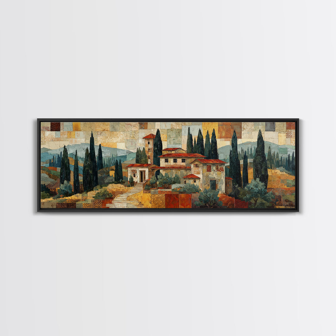 Tuscan Hillside with Cypress Trees and Golden Canvas Print, Italian Villa Art, Living Room Wall Art, Living Room Decor, Villa, IVA-3x1-41