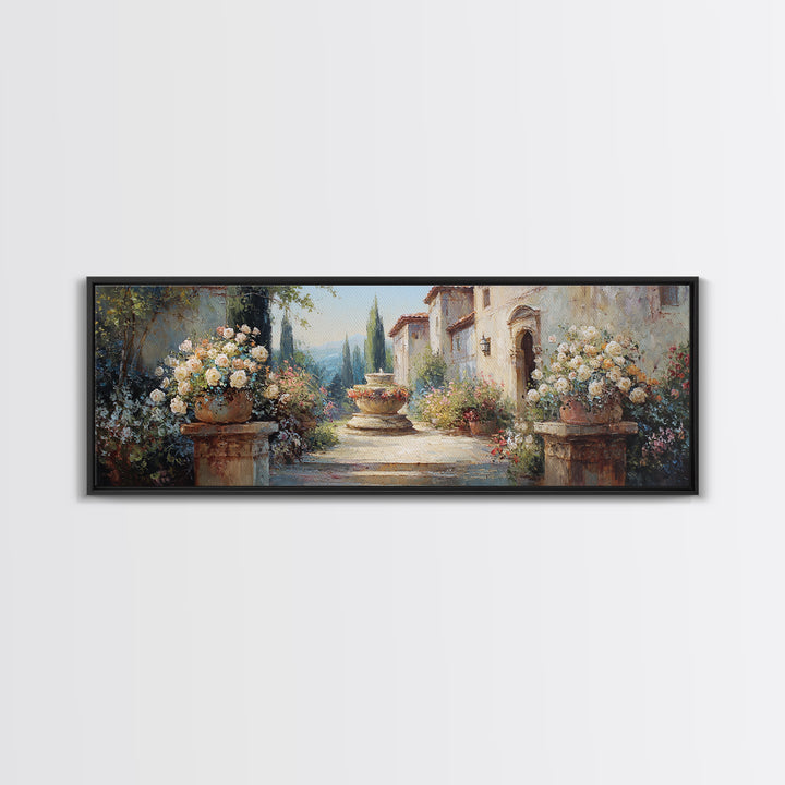 Italian Villa Garden Urn Canvas Print, Italian Villa Art, Framed Wall Art, Living Room Decor, Villa, Colorful Wall Art, IVA-3x1-46