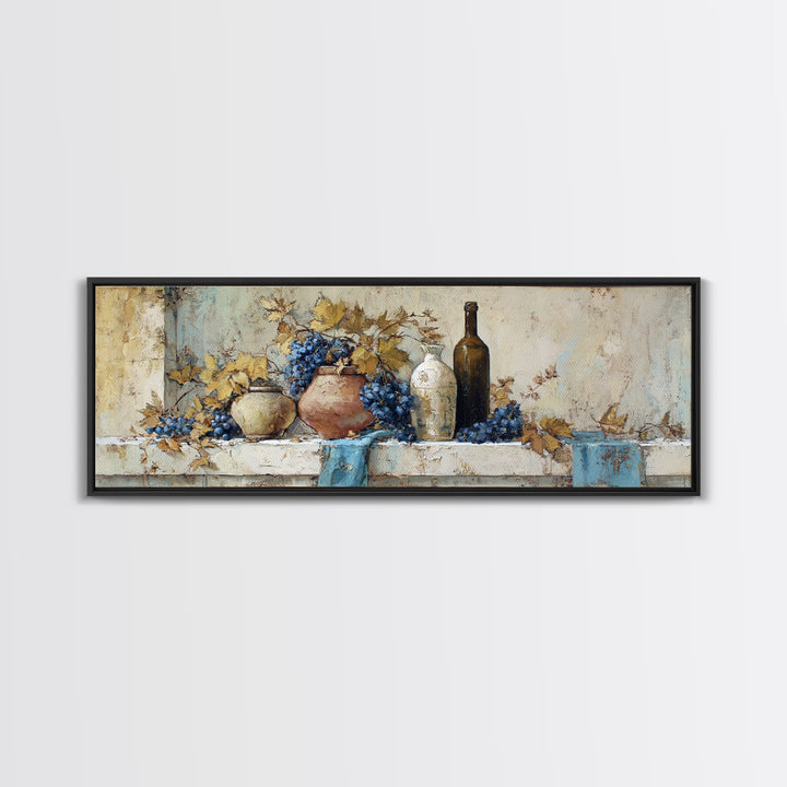 Grapevine and Wine Still Life on Linen Framed Canvas Print, Italian Villa Art, Room Decor, Living Room Decor, Fine Art, Villa, IVA-3x1-47