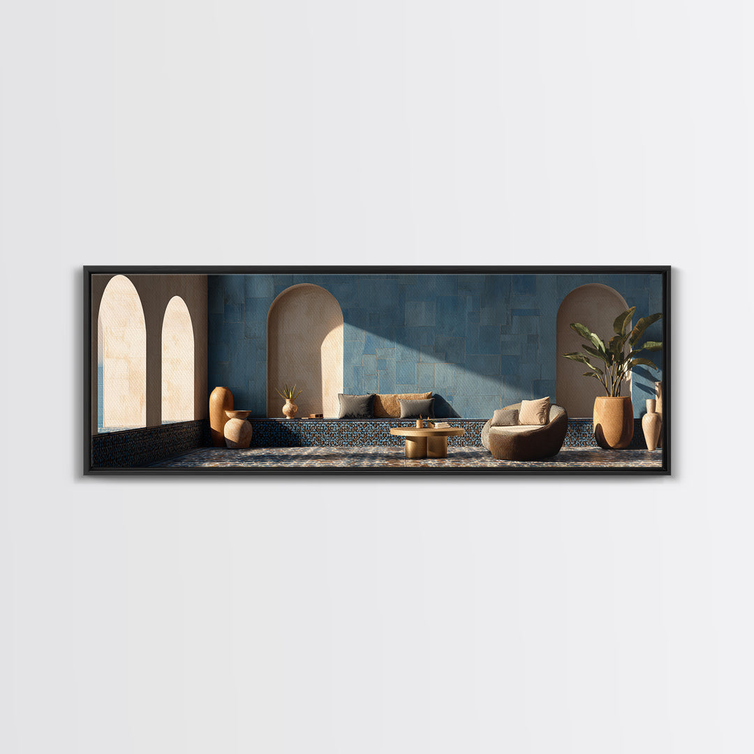 Mediterranean Arch Framing Blue Sea Canvas Print, Italian Villa Art, Statement Artwork, Living Room Decor, Fine Art, Villa, IVA-3x1-48