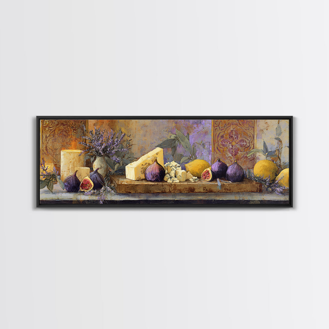 Figs and Cheese on Rustic Wooden Board Canvas Print, Italian Villa Art, Framed Wall Art, Living Room Decor, Abstract Art, Villa, IVA-3x1-49