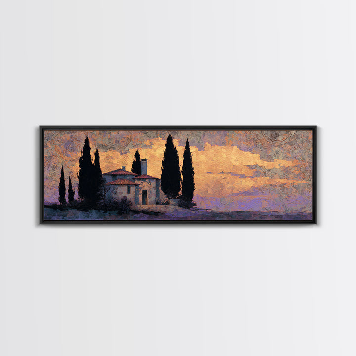 Cypress Silhouette at Sunset Canvas Print, Italian Villa Art, Living Room Decor, Oil Painting, Villa, Living Room Art, IVA-3x1-61