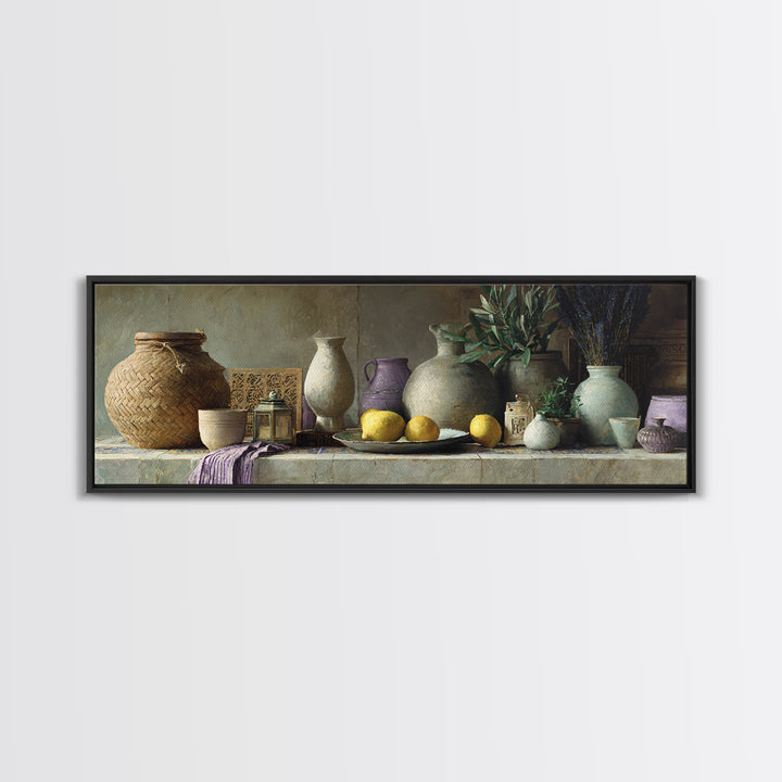 Coastal Lemons and Striped Cloth Arrangement Canvas Print, Italian Villa Art, Modern Decor, Living Room Decor, Villa, IVA-3x1-64