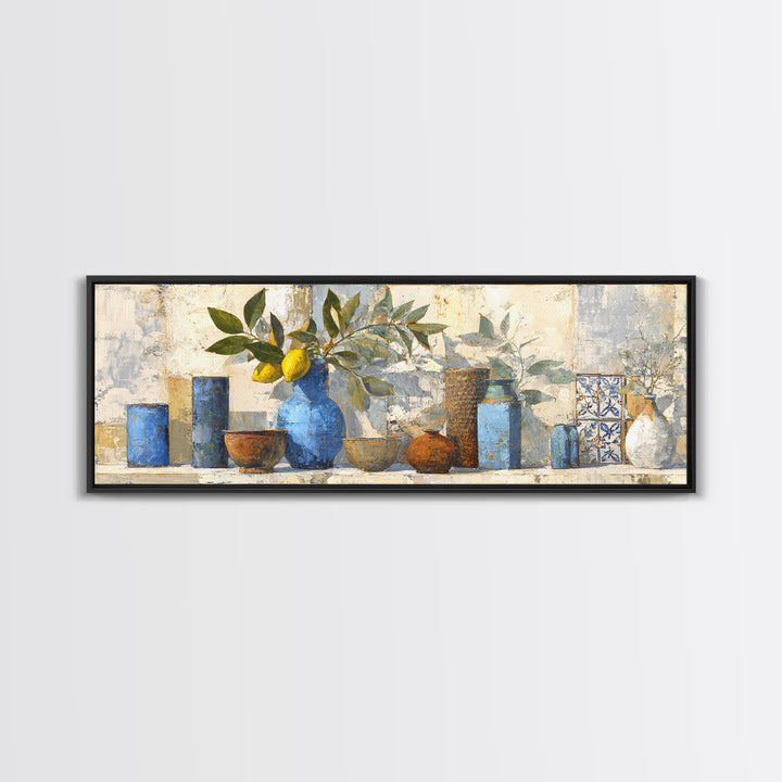 Lemon Branch in Blue Ceramic Vase Canvas Print, Italian Villa Art, Large Wall Art, Living Room Decor, Watercolor Art, Villa, IVA-3x1-66