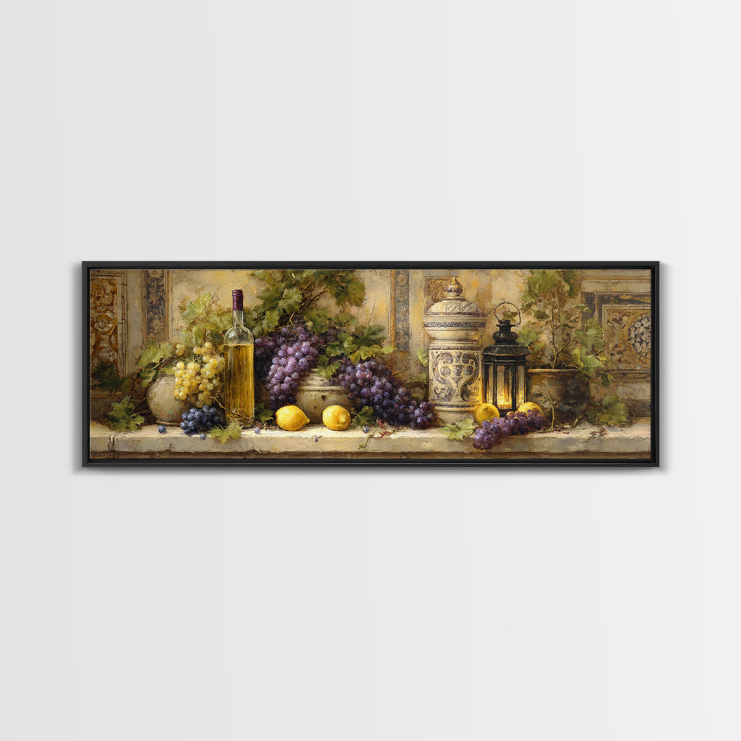 Grapevine and Wine Still Life on Linen Canvas Print, Italian Villa Art, Wall Art Prints, Living Room Decor, Fine Art, Villa, IVA-3x1-71