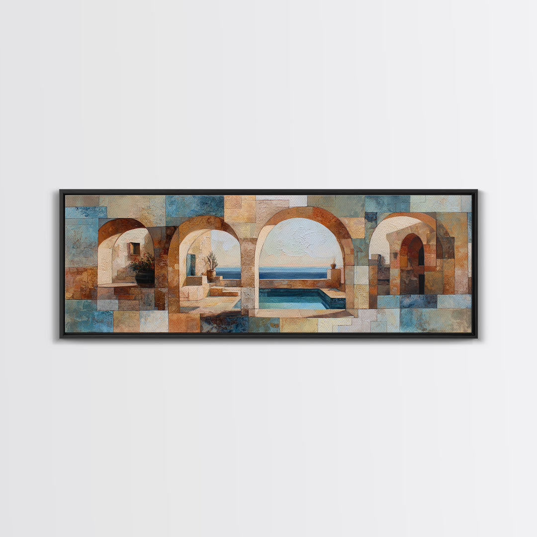Mediterranean Arch Framing Blue Sea Framed Canvas Print, Italian Villa Art, Textured Painting, Living Room Decor, Villa, IVA-3x1-72