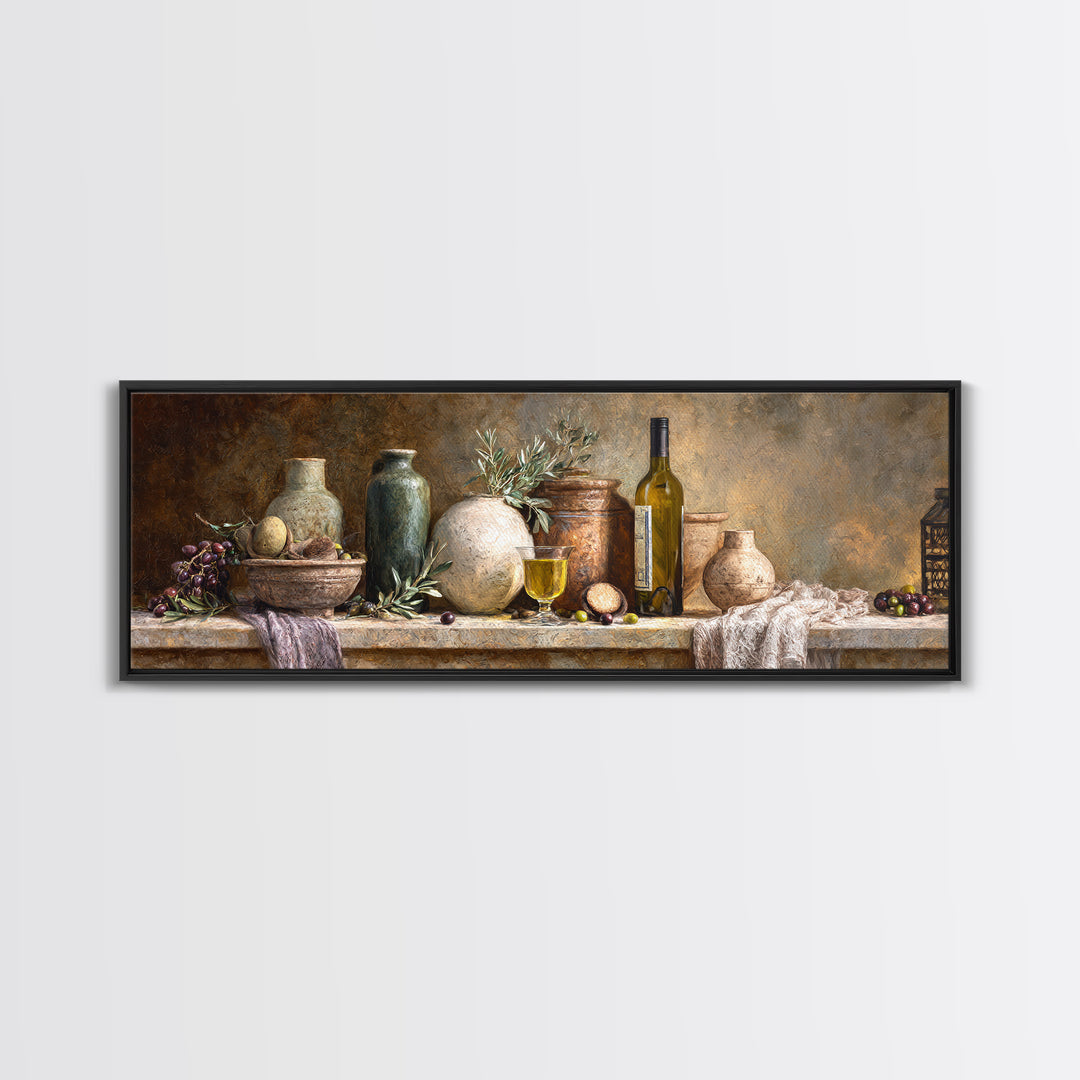 White Wine and Olives Still Life Canvas Print, Italian Villa Art, Living Room Art, Living Room Decor, Fine Art, Villa, IVA-3x1-8