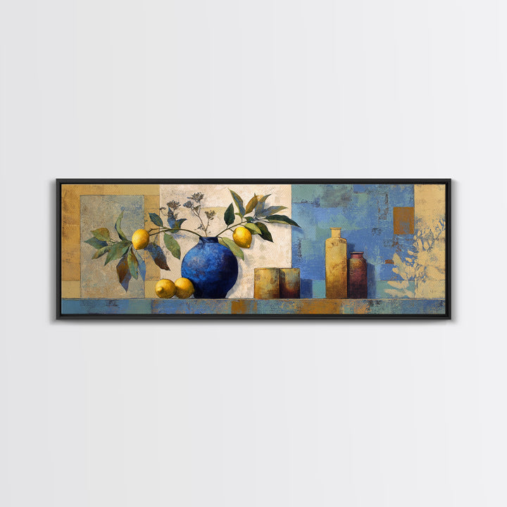 Lemon Branch in Blue Ceramic Vase Framed Canvas Print, Italian Villa Art, Bedroom Wall Art, Living Room Decor, Fine Art, Villa, IVA-3x1-90