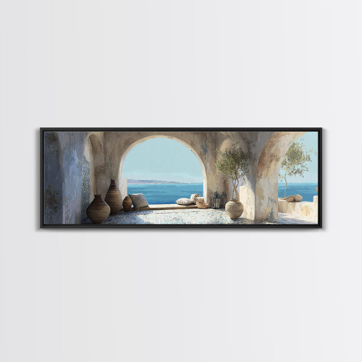 Mediterranean Arch Framing Blue Sea Canvas Print, Italian Villa Art, Gallery Wall, Living Room Decor, Fine Art, Villa, IVA-3x1-96