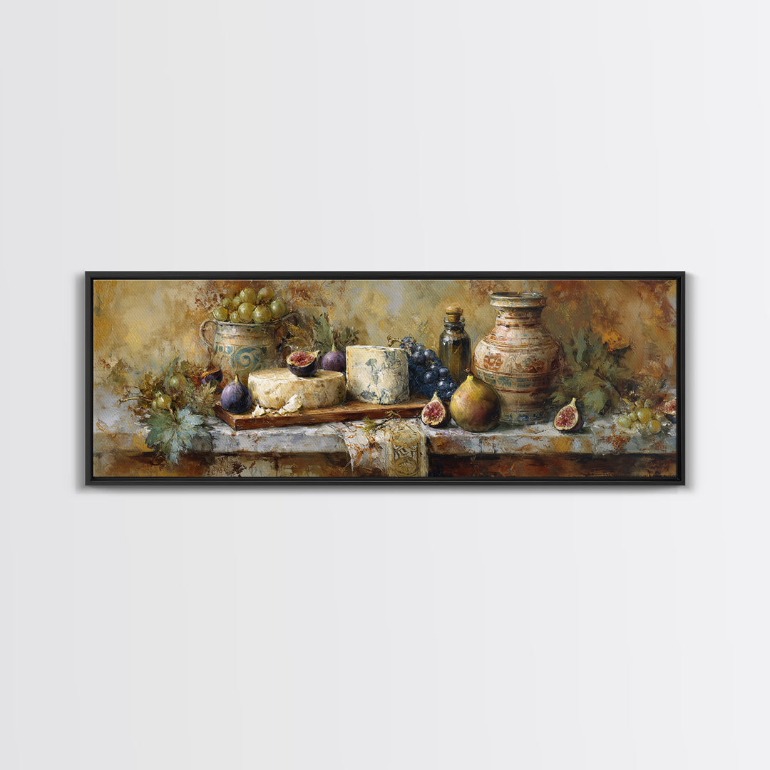 Figs and Cheese on Rustic Wooden Board Canvas Print, Italian Villa Art, Landscape Art, Living Room Decor, Watercolor Art, Villa, IVA-3x1-97