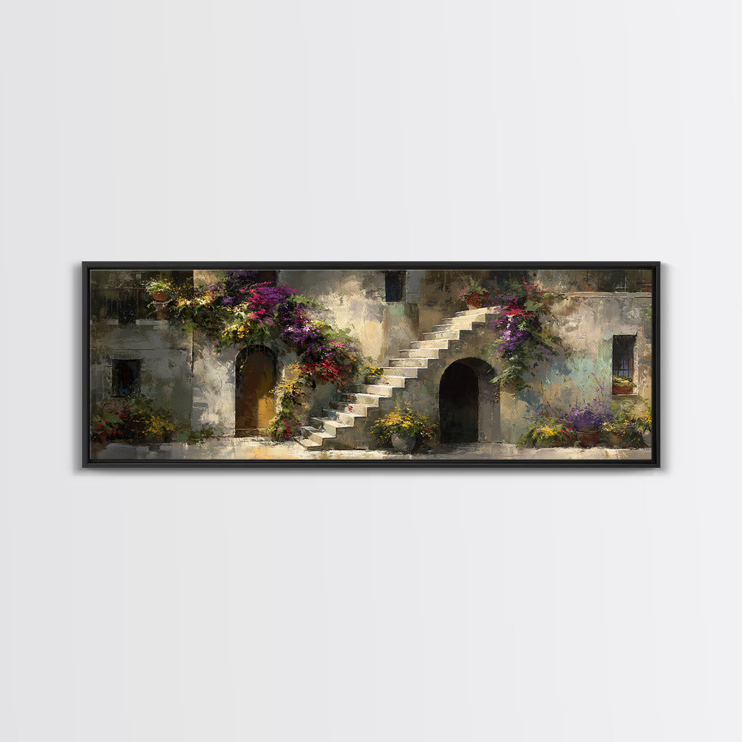 Sunlit Stone Stairway Framed Canvas Print, Italian Villa Art, Gallery Wall Set, Living Room Decor, Villa, Modern Decor, IVA-3x1-99