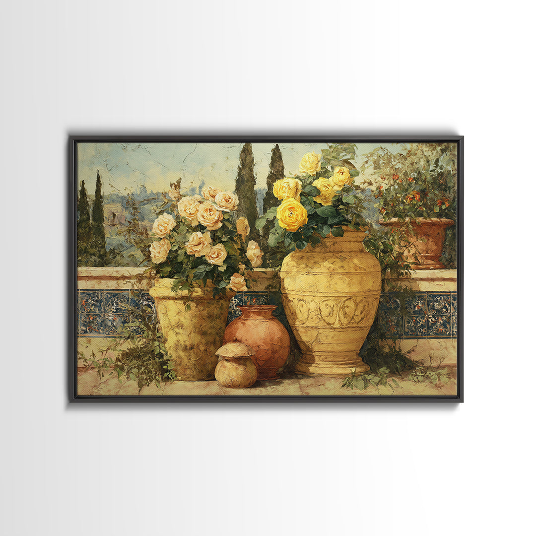 Italian Villa Garden Urn Framed Canvas Print, Italian Villa Art, Printable Wall Art, Living Room Decor, Oil Painting, Villa, IVA-3x2-10