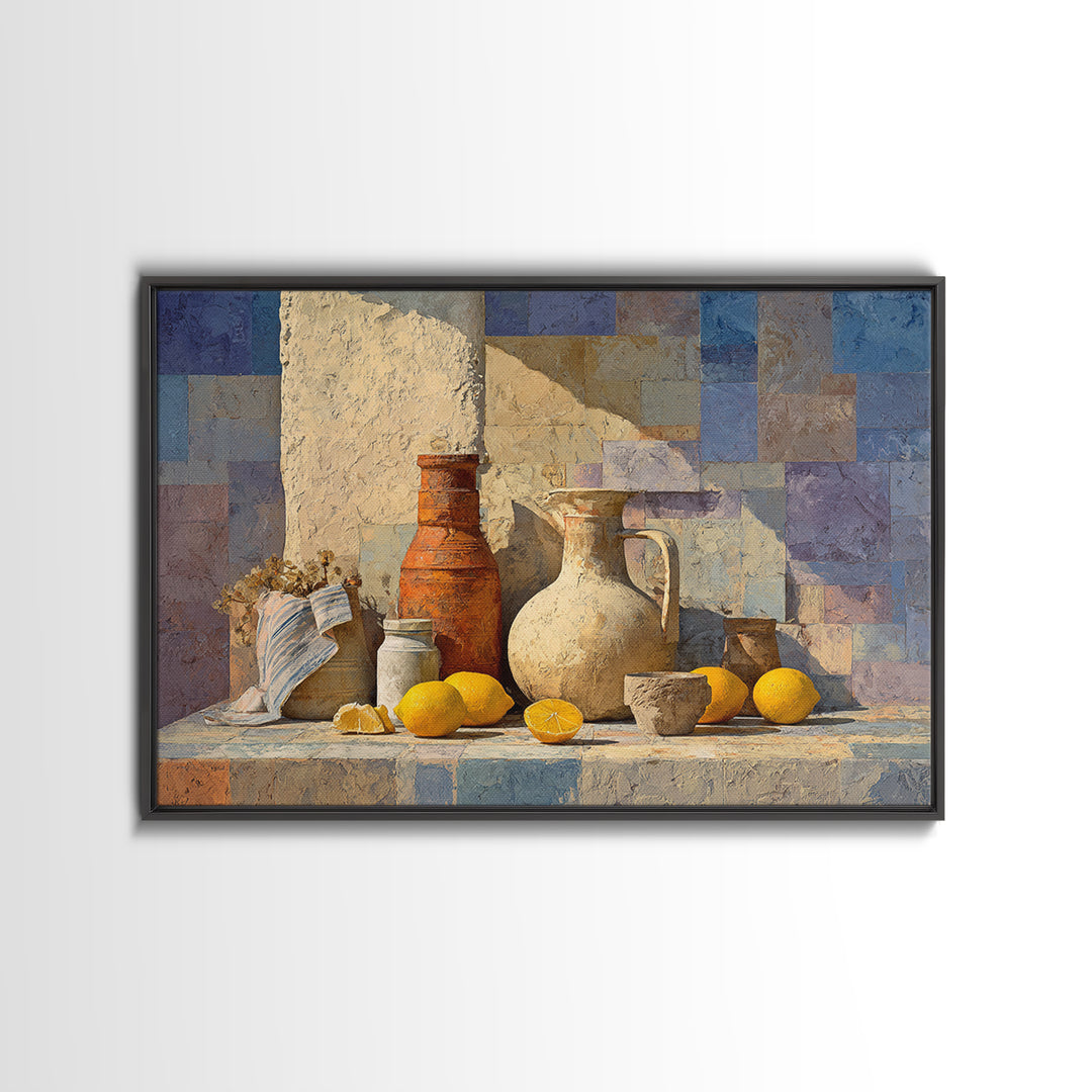 Coastal Lemons and Striped Cloth Arrangement Canvas Print, Italian Villa Art, Landscape Painting, Living Room Decor, Villa, IVA-3x2-100