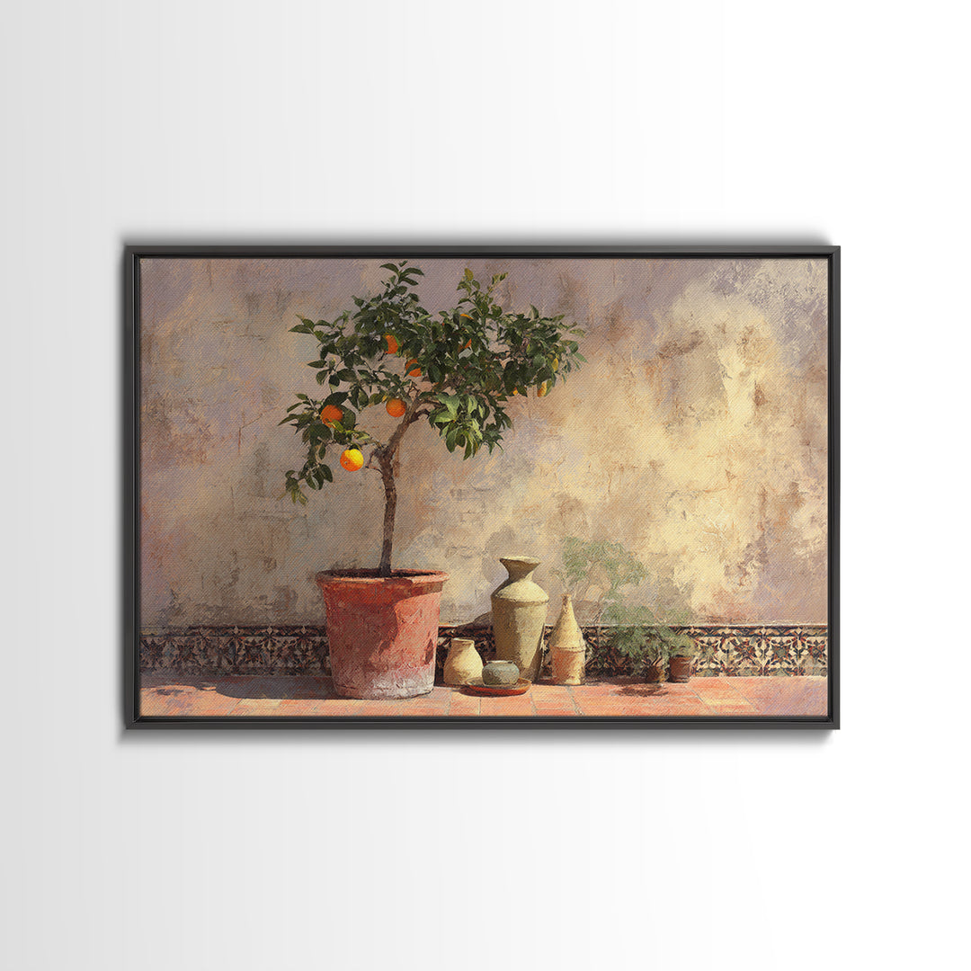 Orange Tree in a Courtyard Planter Framed Canvas Print, Italian Villa Art, Textured Painting, Living Room Decor, Villa, IVA-3x2-18