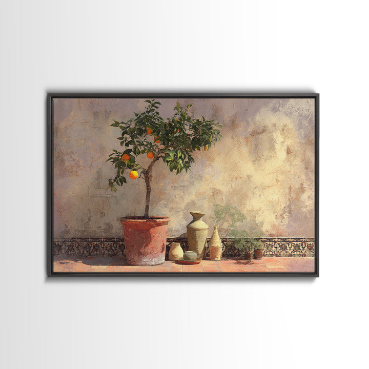 Orange Tree in a Courtyard Planter Framed Canvas Print, Italian Villa Art, Textured Painting, Living Room Decor, Villa, IVA-3x2-18