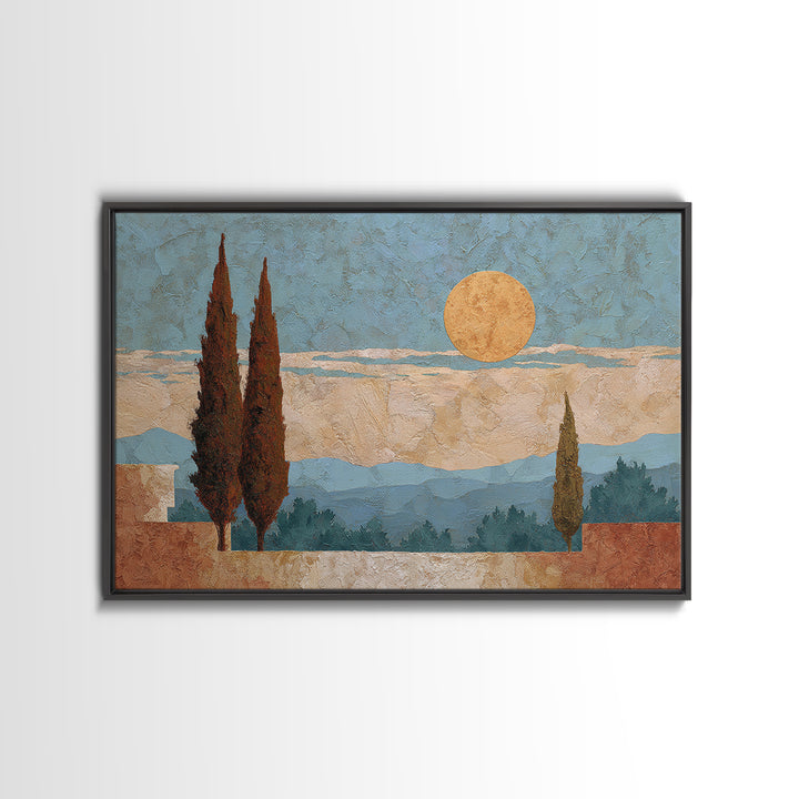 Cypress Silhouette at Sunset Framed Canvas Print, Italian Villa Art, Oil Painting, Living Room Decor, Abstract Art, Villa, IVA-3x2-25