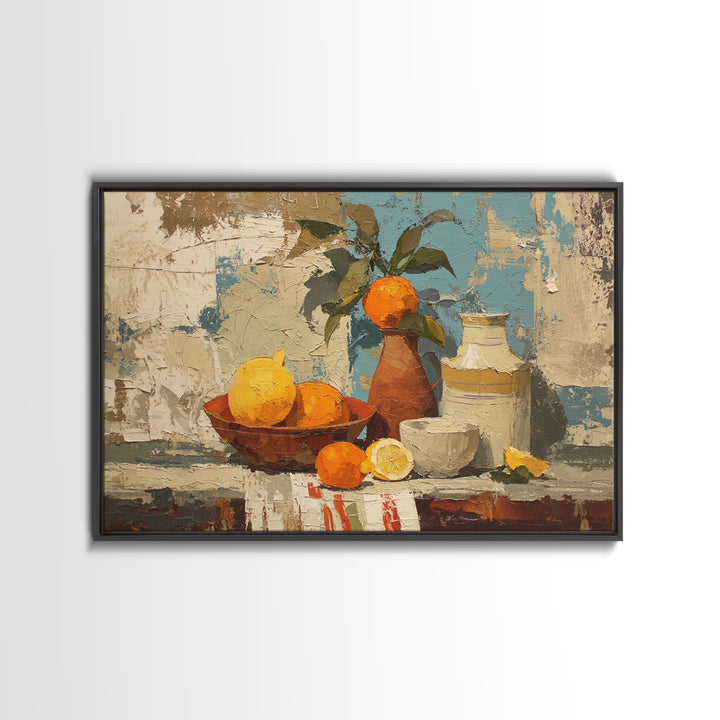 Coastal Lemons and Striped Cloth Arrangement Framed Canvas Print, Italian Villa Art, Boho Decor, Living Room Decor, Villa, IVA-3x2-28