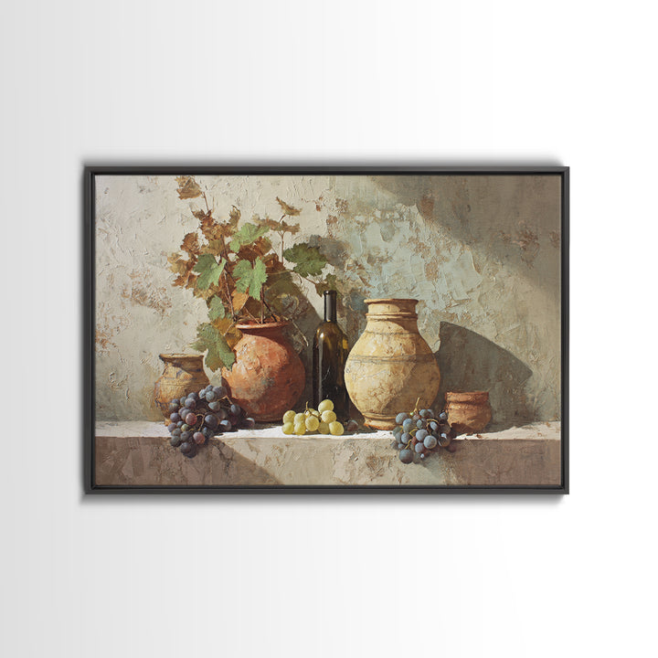 Grapevine and Wine Still Life on Linen Framed Canvas Print, Italian Villa Art, Digital Wall Art, Living Room Decor, IVA-3x2-35