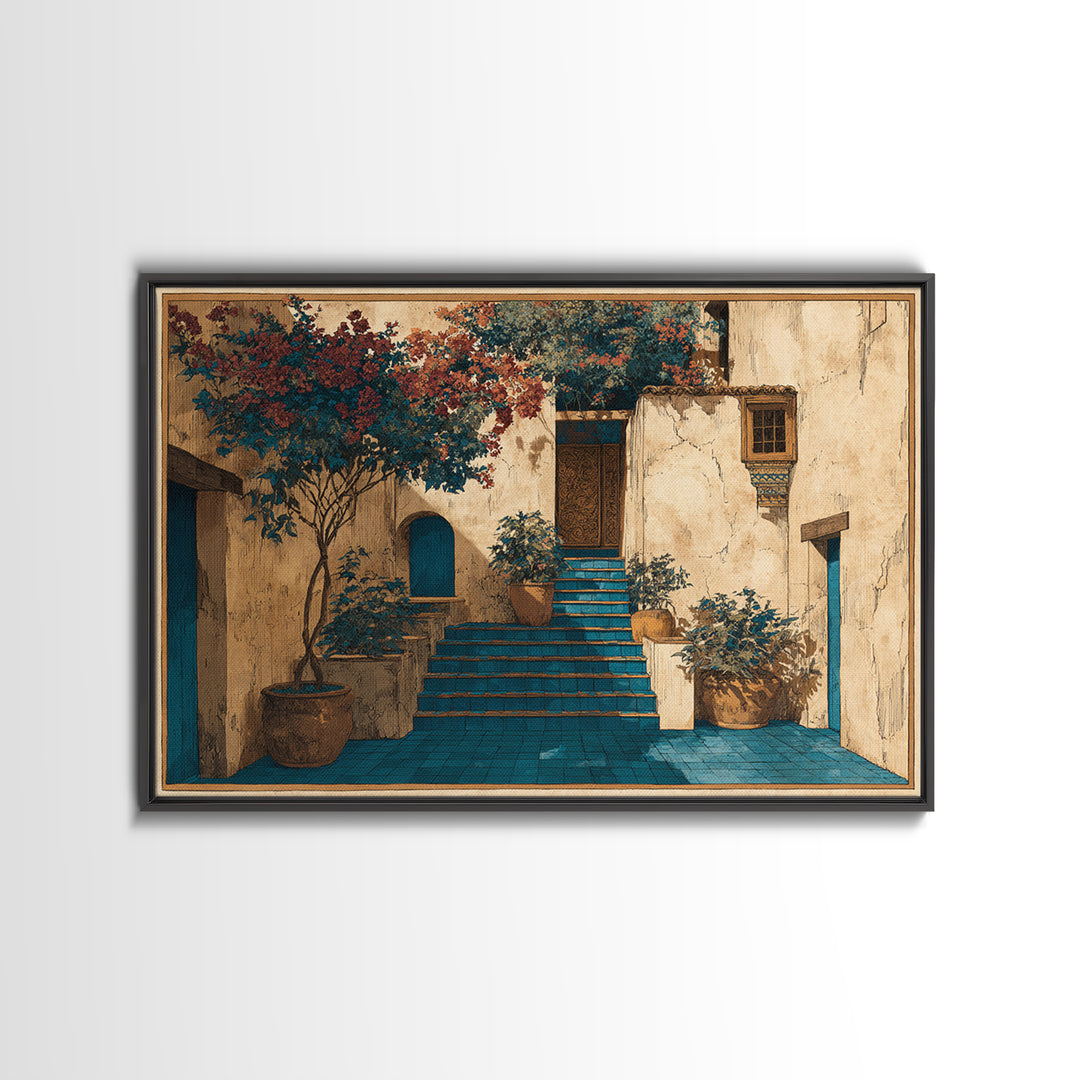 Sunlit Stone Stairway Framed Canvas Print, Italian Villa Art, Bedroom Wall Art, Living Room Decor, Villa, Travel Poster, IVA-3x2-39