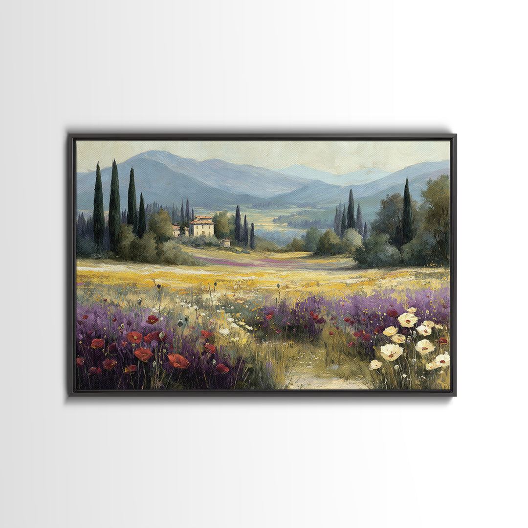 Tuscan Poppy Field Canvas Print, Italian Villa Art, Framed Wall Art, Living Room Decor, Abstract Art, Villa, Colorful Wall Art, IVA-3x2-43