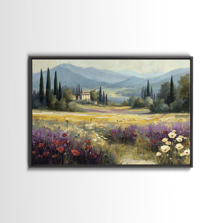 Tuscan Poppy Field Canvas Print, Italian Villa Art, Framed Wall Art, Living Room Decor, Abstract Art, Villa, Colorful Wall Art, IVA-3x2-43