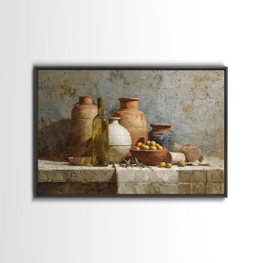 White Wine and Olives Still Life Canvas Print, Italian Villa Art, Wall Art Prints, Living Room Decor, Watercolor Art, Villa, IVA-3x2-44