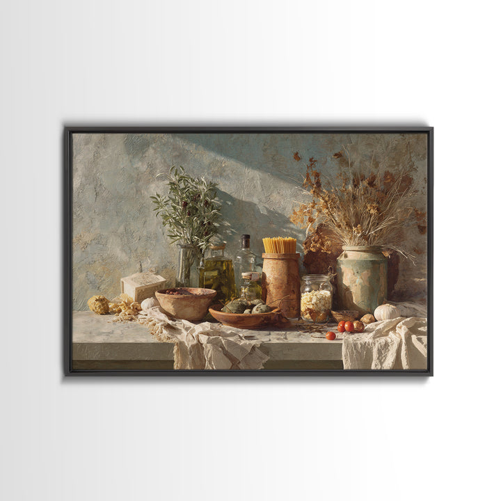 Pasta Herbs and Tomatoes Still Life Framed Canvas Print, Italian Villa Art, Colorful Wall Art, Living Room Decor, Oil Painting, IVA-3x2-47
