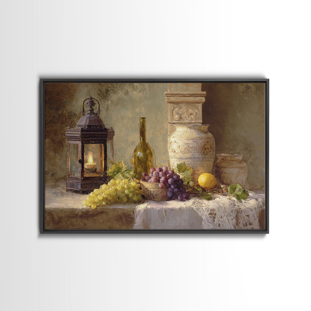 Grapevine and Wine Still Life on Linen Framed Canvas Print, Italian Villa Art, Farmhouse Wall Art, Living Room Decor, Villa, IVA-3x2-59