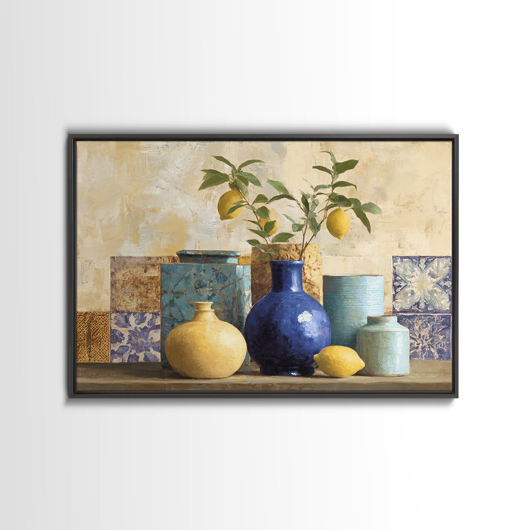 Lemon Branch in Blue Ceramic Vase Framed Canvas Print, Italian Villa Art, Contemporary Art, Living Room Decor, Fine Art, Villa, IVA-3x2-6