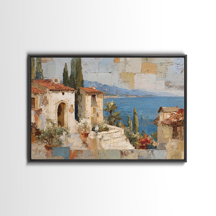 Mediterranean Arch Framing Blue Sea Framed Canvas Print, Italian Villa Art, Bedroom Wall Art, Living Room Decor, Villa, IVA-3x2-60