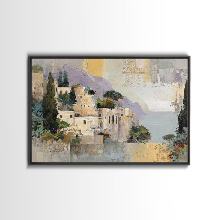 Amalfi Coast Cliffs Framed Canvas Print, Italian Villa Art, Printable Art, Living Room Decor, Watercolor Art, Villa, IVA-3x2-65