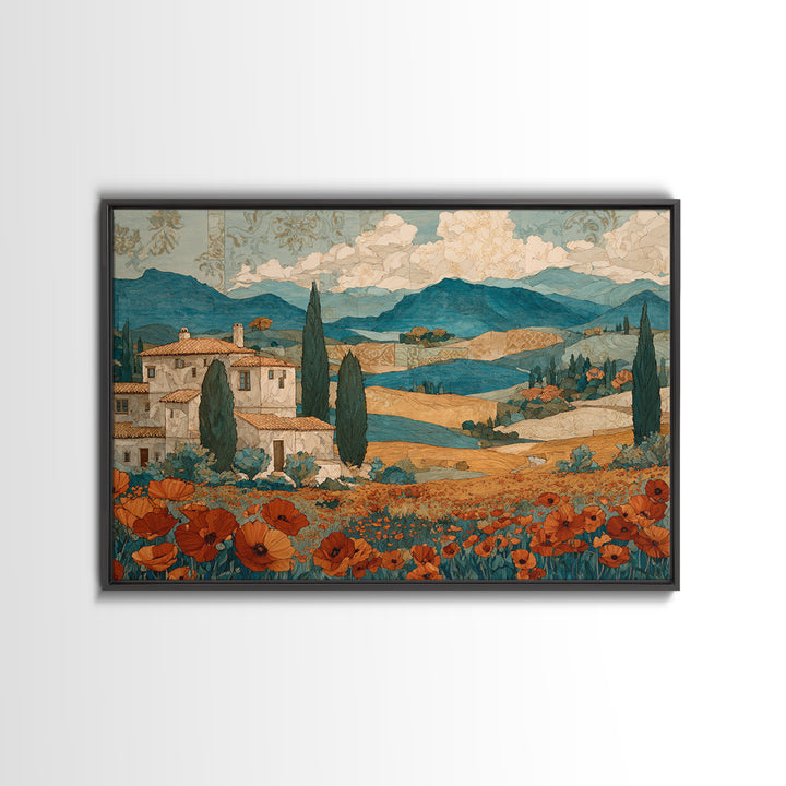 Tuscan Poppy Field Canvas Print, Italian Villa Art, Landscape Art, Living Room Decor, Watercolor Art, Villa, IVA-3x2-67