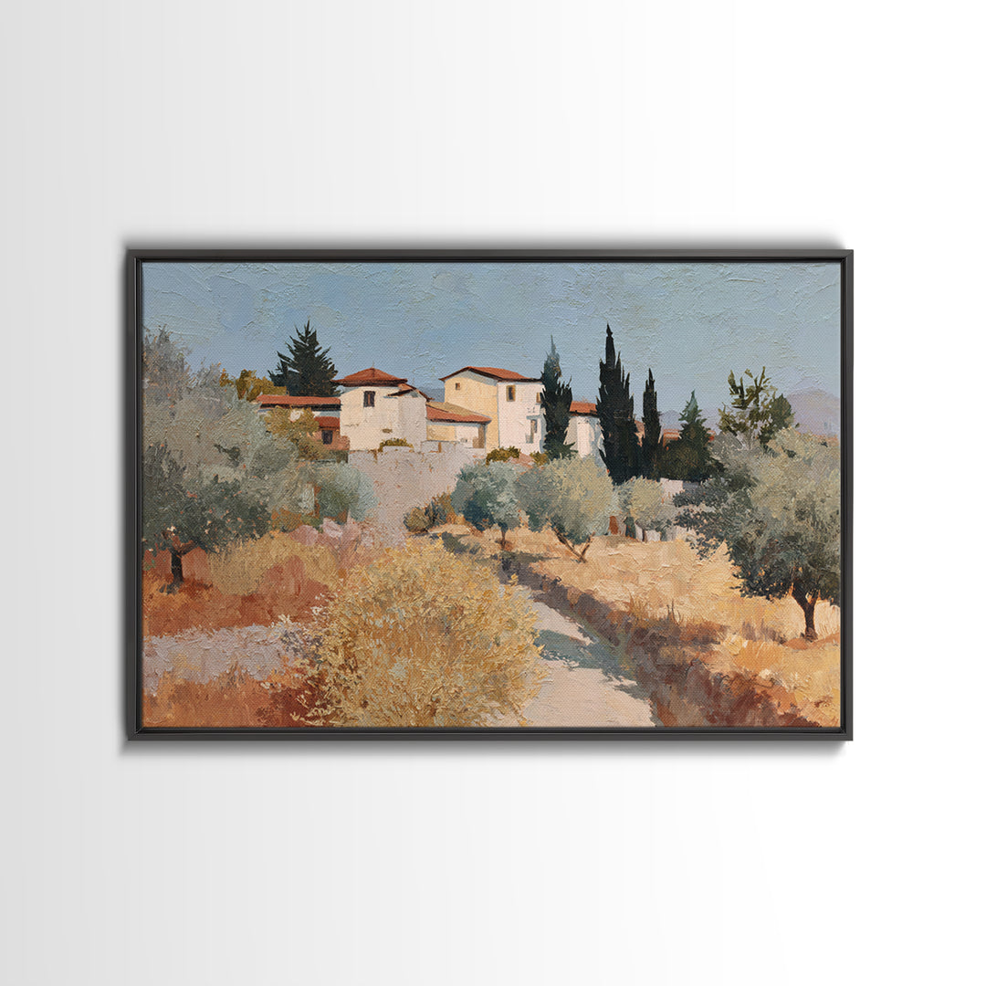 Olive Grove Path Framed Canvas Print, Italian Villa Art, Oil Painting, Living Room Decor, Watercolor Art, Villa, IVA-3x2-79