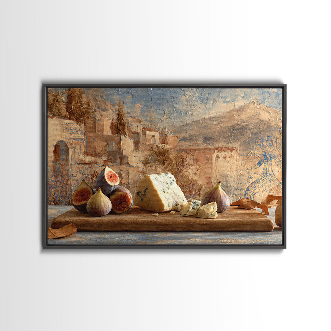 Figs and Cheese on Rustic Wooden Board Framed Canvas Print, Italian Villa Art, Bedroom Wall Decor, Living Room Decor, Villa, IVA-3x2-85