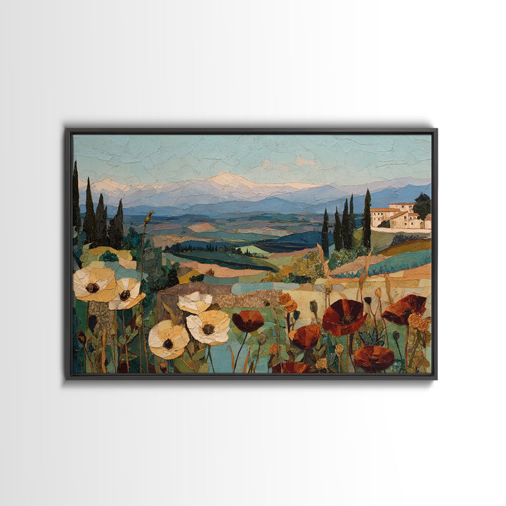 Tuscan Poppy Field Framed Canvas Print, Italian Villa Art, Travel Poster, Living Room Decor, Oil Painting, Villa, IVA-3x2-91