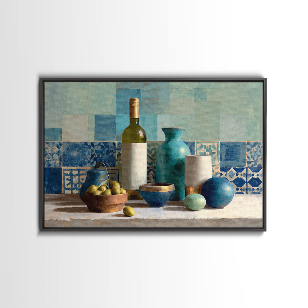 White Wine and Olives Still Life Framed Canvas Print, Italian Villa Art, Colorful Wall Art, Living Room Decor, Fine Art, Villa, IVA-3x2-92