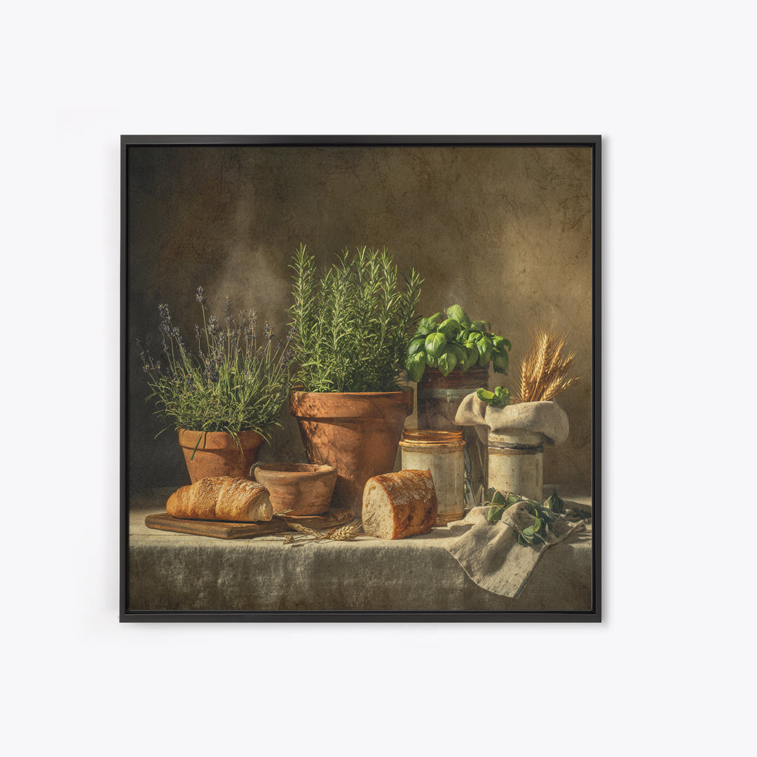 Fresh Herbs in Terracotta Pots Framed Canvas Print, Kitchen Art, Coffee Wall Art, Kitchen Decor, Fine Art, Kitchen, Room Decor, KIT-1x1-1