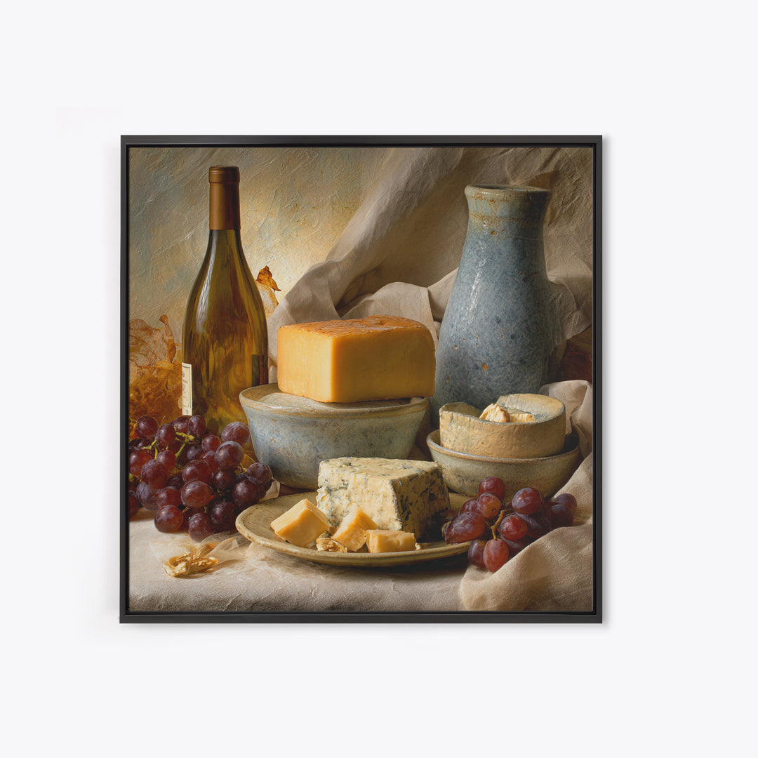 Wine Bottle Grapes and Cheese Still Life Framed Canvas Print, Kitchen Art, Kitchen, Kitchen Decor, Fine Art, Kitchen, KIT-1x1-12
