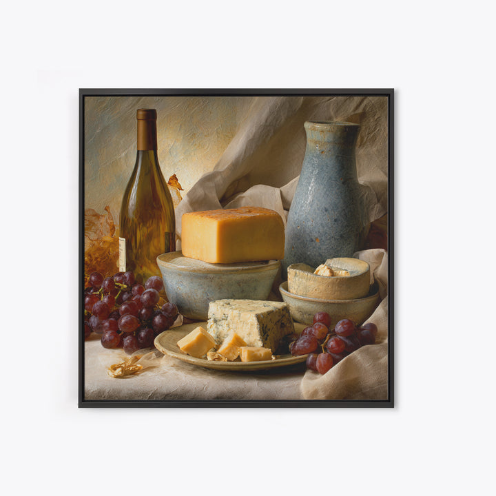 Wine Bottle Grapes and Cheese Still Life Framed Canvas Print, Kitchen Art, Kitchen, Kitchen Decor, Fine Art, Kitchen, KIT-1x1-12