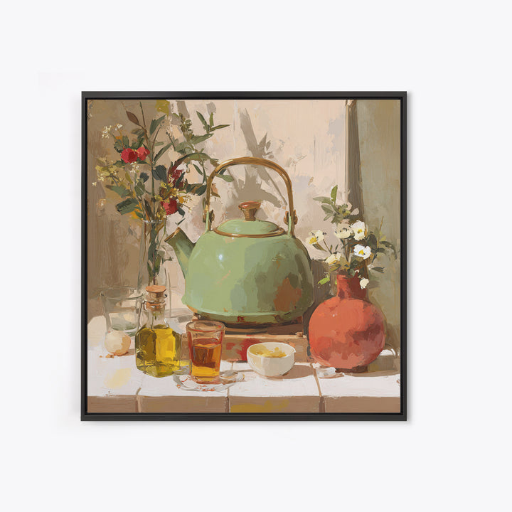 Tea Kettle with Steam and Wildflowers Canvas Print, Kitchen Art, Coffee Art, Kitchen Decor, Fine Art, Kitchen, Fine Art Print, KIT-1x1-14
