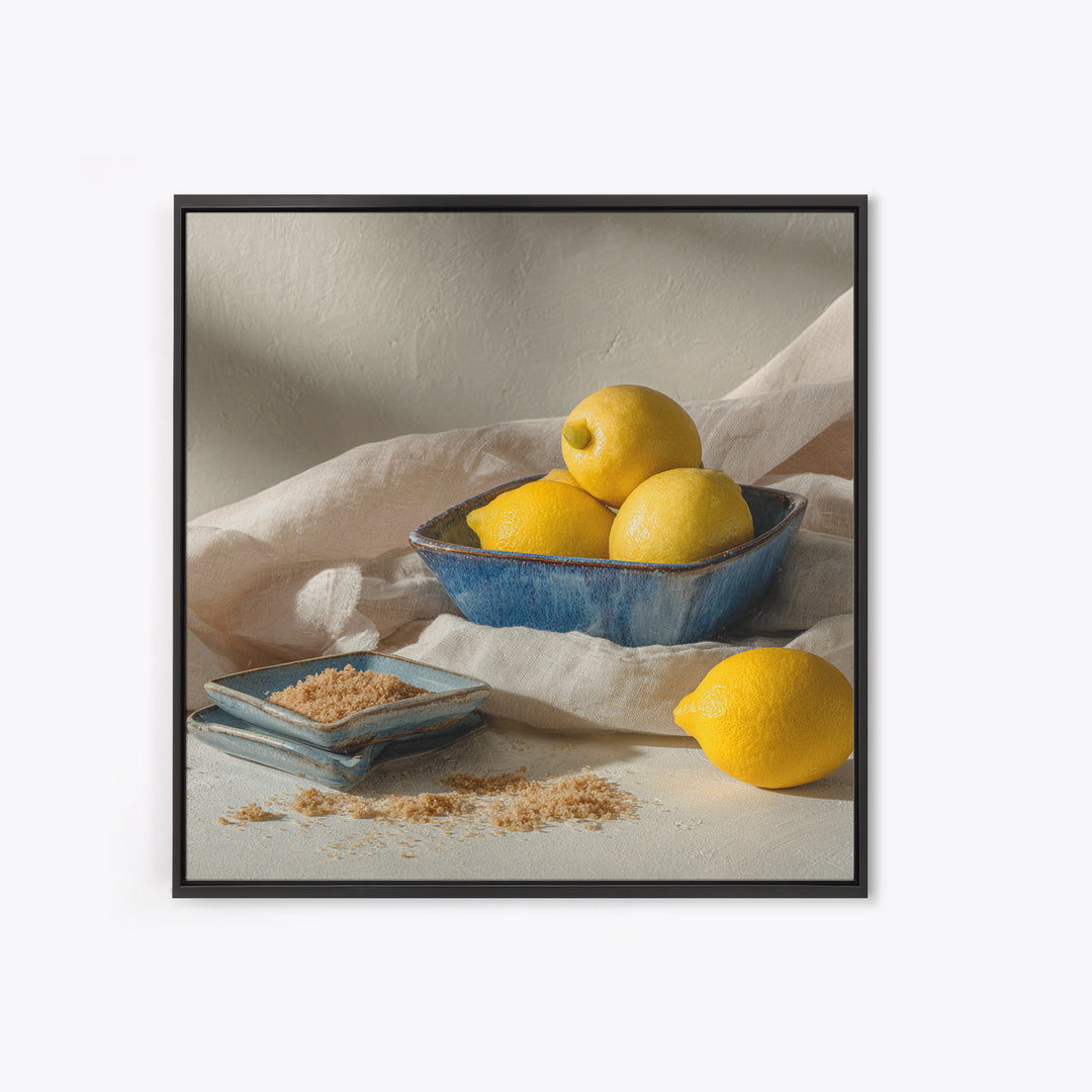 Lemons and Blue Ceramic Bowl Still Life Canvas Print, Kitchen Art, Trendy Wall Art, Kitchen Decor, Fine Art, Kitchen, KIT-1x1-26