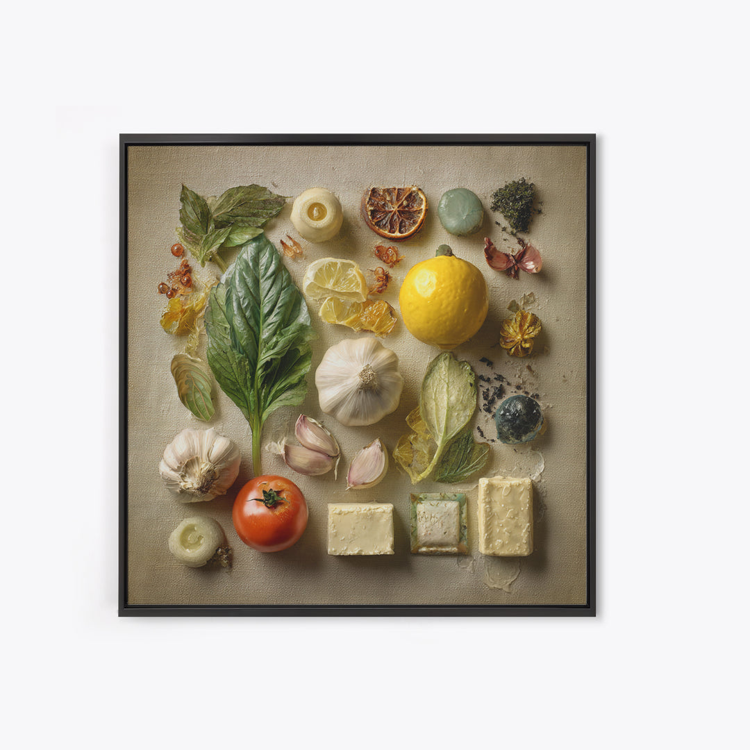 Tomatoes Garlic and Basil on Linen Canvas Print, Kitchen Art, Digital Wall Art, Kitchen Decor, Kitchen, Kitchen Prints, KIT-1x1-3