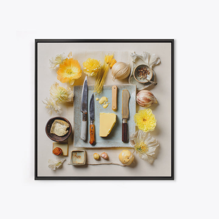 Chef Knives and Herbs Arranged as Graphic Framed Canvas Print, Kitchen Art, Kitchen Print, Kitchen Decor, Watercolor Art, KIT-1x1-34