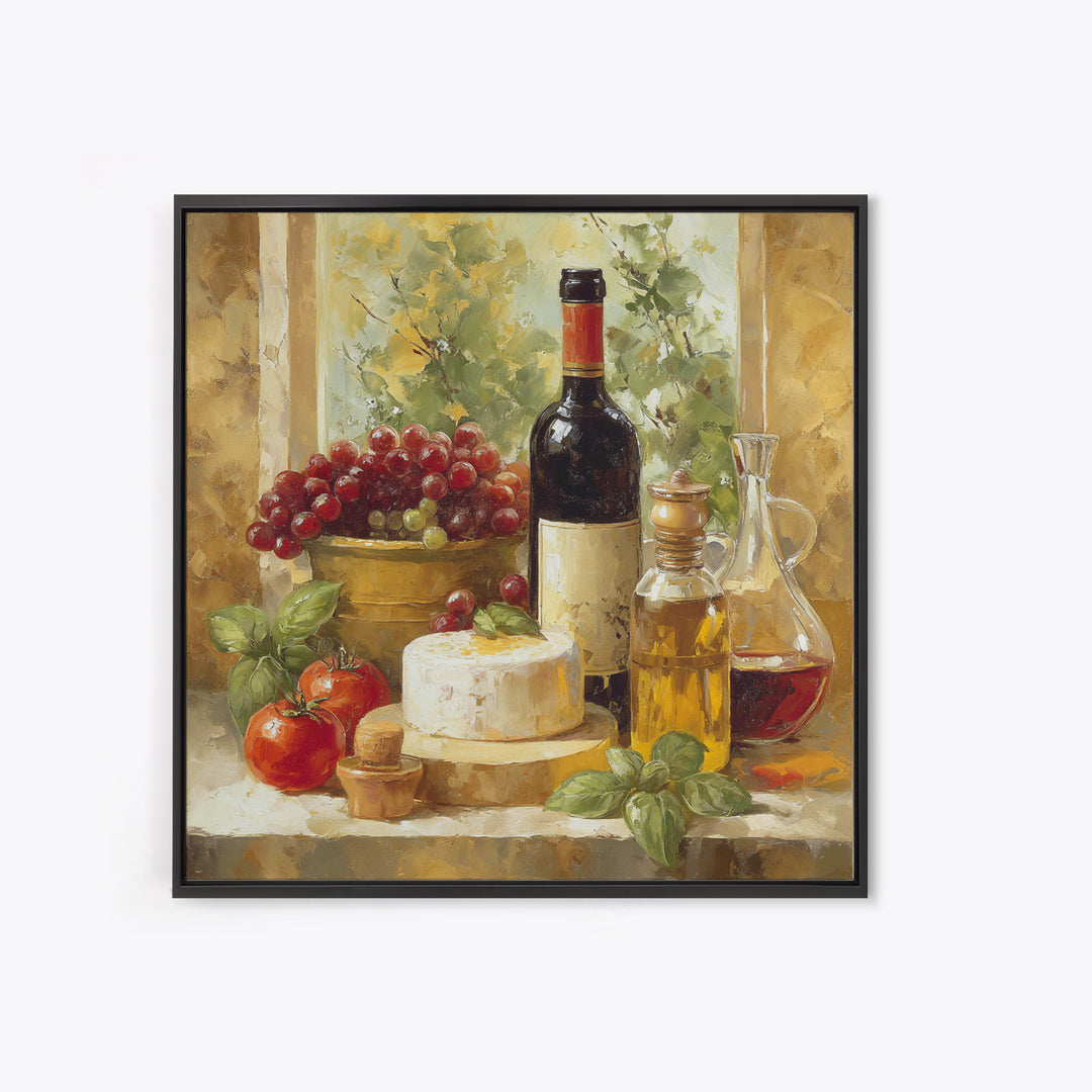 Wine Bottle Grapes and Cheese Still Life Canvas Print, Kitchen Art, Printable Wall Art, Kitchen Decor, Watercolor Art, Kitchen, KIT-1x1-36