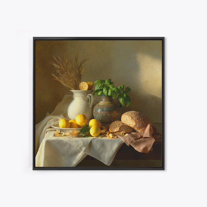 Pasta Lemons and Basil Mediterranean Still Life Framed Canvas Print, Kitchen Art, Gallery Decor, Kitchen Decor, Kitchen, KIT-1x1-41
