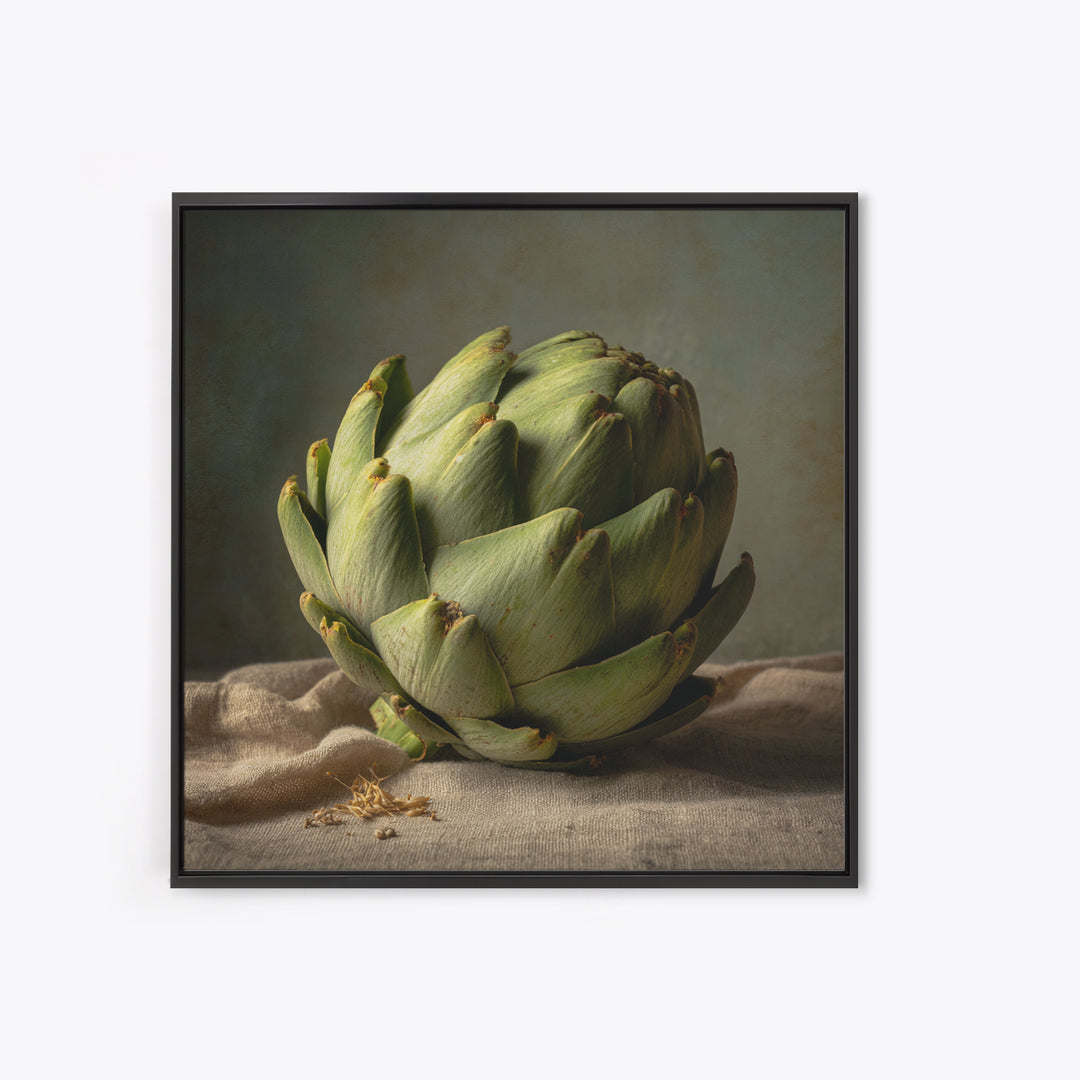 Artichoke Closeup in Painterly Green Tones Framed Canvas Print, Kitchen Art, Art Deco, Kitchen Decor, Fine Art, Kitchen, KIT-1x1-44