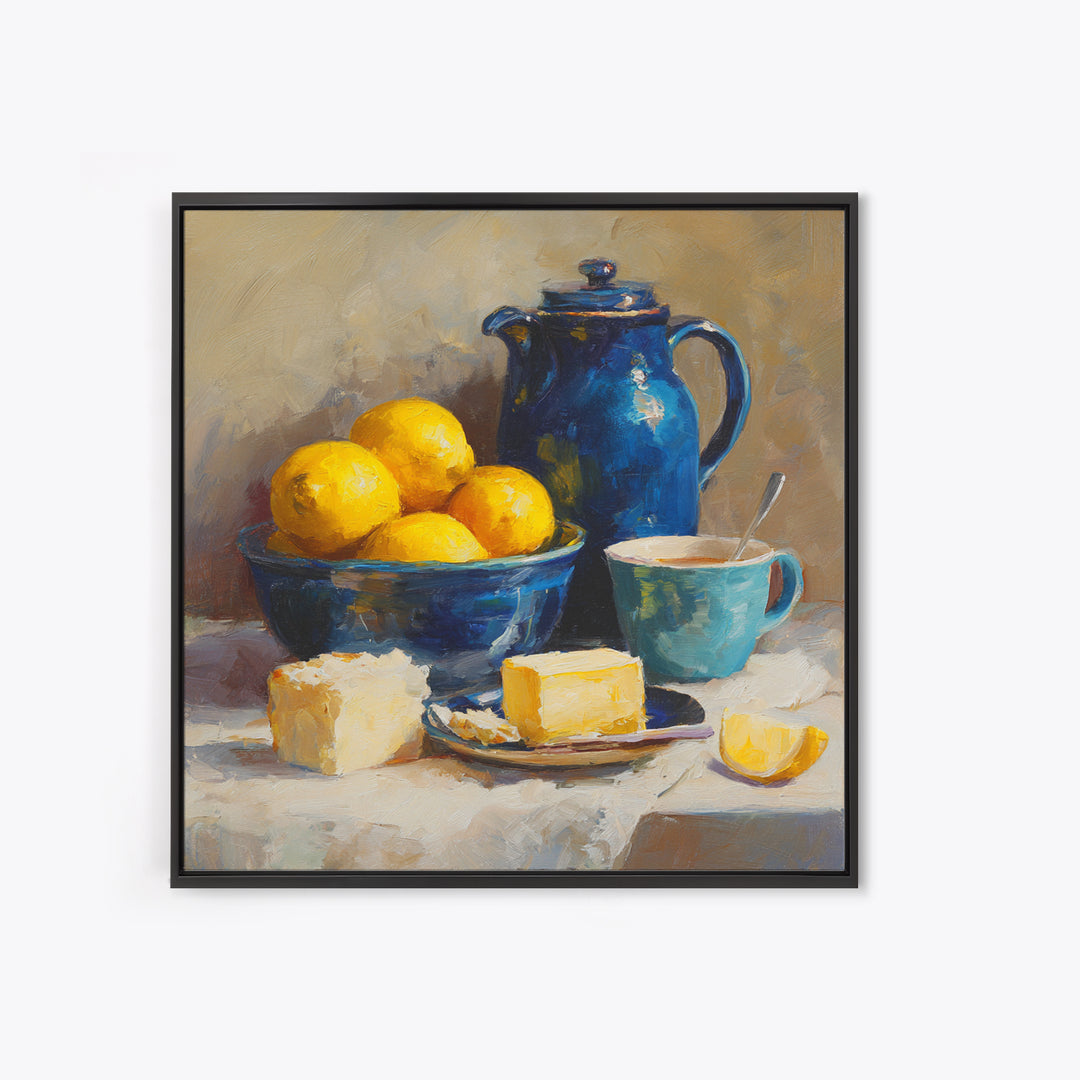 Lemons and Blue Ceramic Bowl Still Life Canvas Print, Kitchen Art, Trendy Wall Art, Kitchen Decor, Fine Art, Kitchen, KIT-1x1-50
