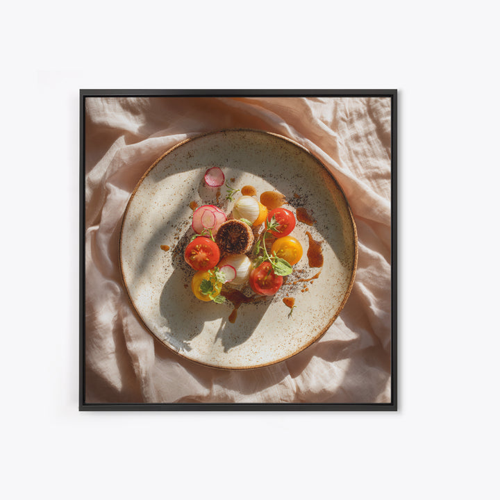 Tomatoes Garlic and Basil on Linen Framed Canvas Print, Kitchen Art, Coffee Wall Art, Kitchen Decor, Abstract Art, Kitchen, KIT-1x1-51